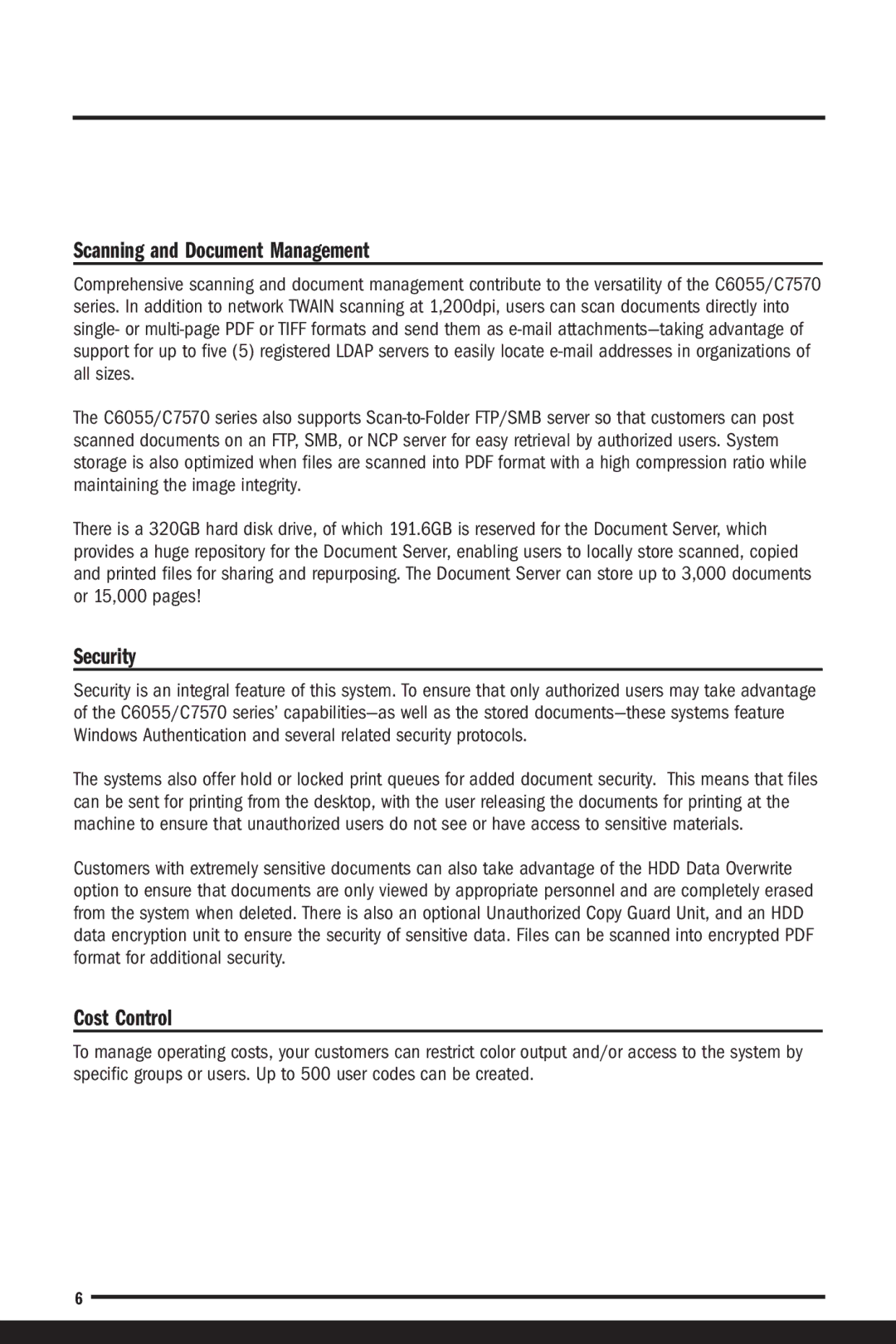 Savin C7570, C6055 manual Scanning and Document Management, Security, Cost Control 