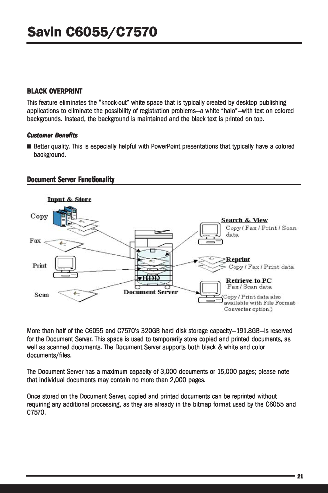 Savin manual Document Server Functionality, Black Overprint, Savin C6055/C7570, Customer Benefits 