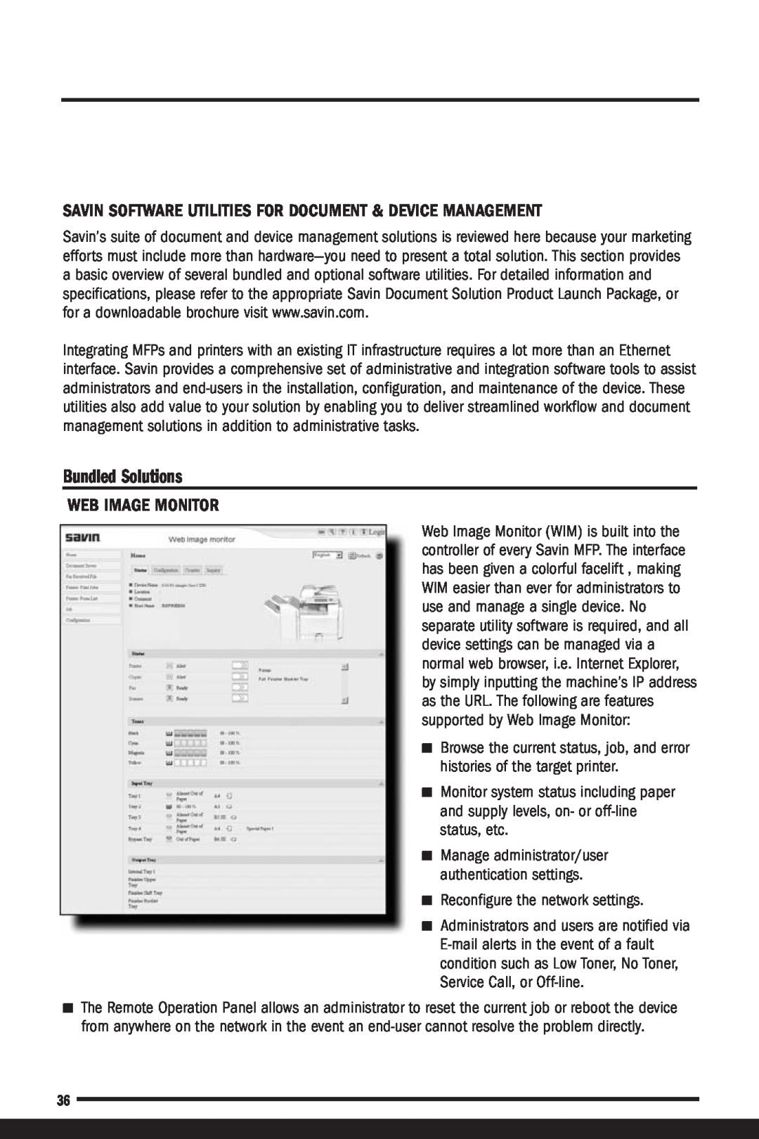 Savin C7570, C6055 manual Bundled Solutions, Savin Software Utilities For Document & Device Management, Web Image Monitor 