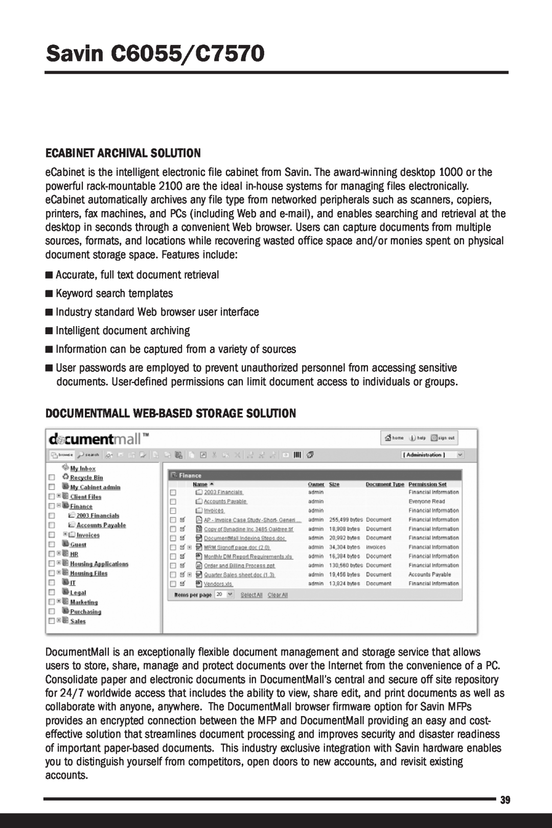 Savin manual Ecabinet Archival Solution, Documentmall Web-Based Storage Solution, Savin C6055/C7570 