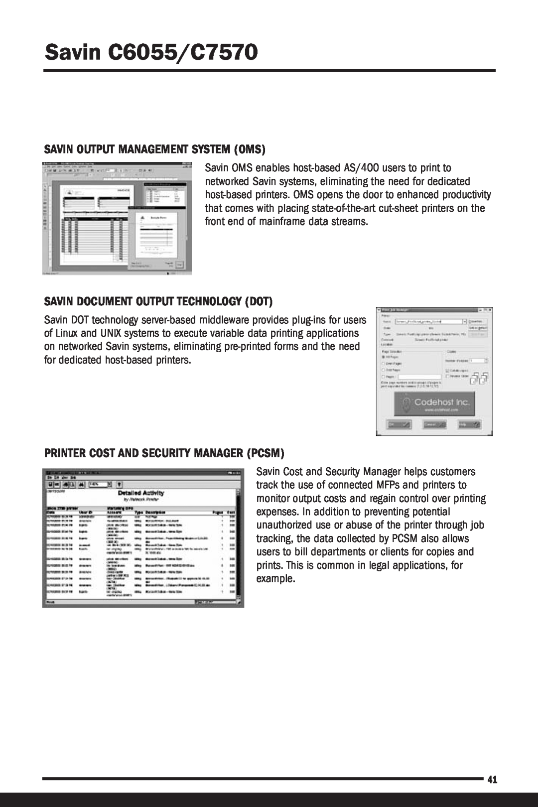 Savin manual Savin Output Management System Oms, Savin Document Output Technology Dot, Savin C6055/C7570 