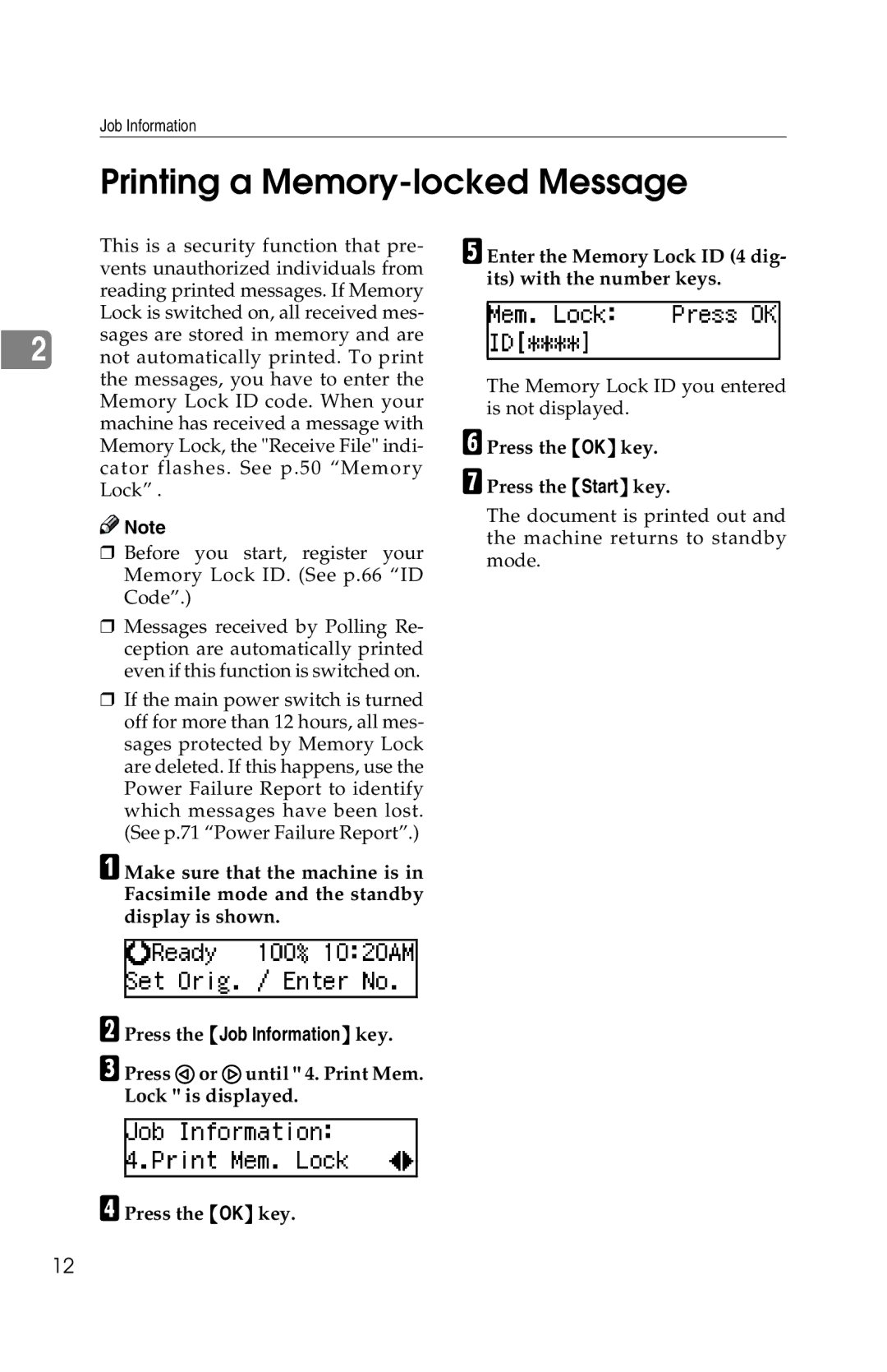 Savin G1619 manual Printing a Memory-locked Message 