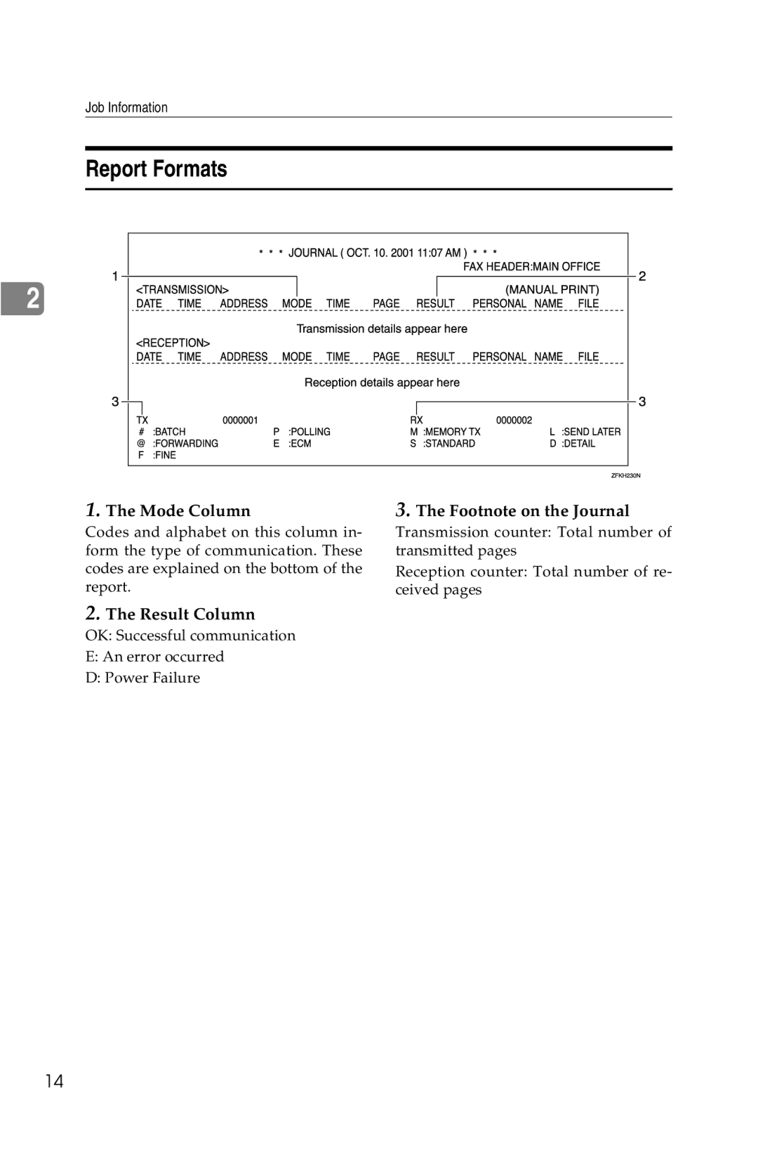 Savin G1619 manual Report Formats, Mode Column, Result Column 