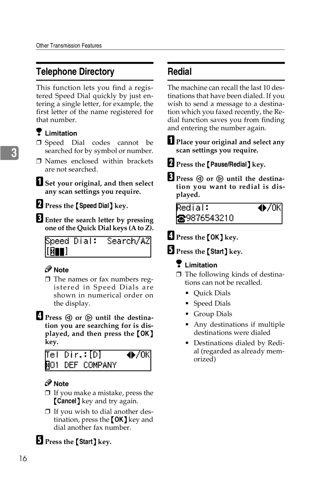 Savin G1619 manual Telephone Directory, Redial 