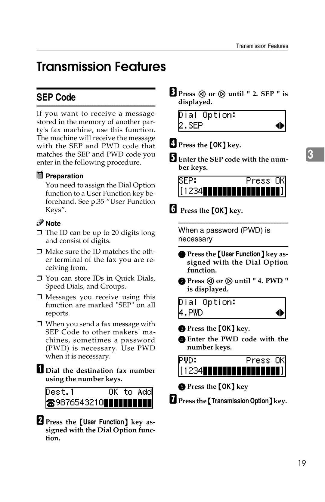 Savin G1619 manual Transmission Features, SEP Code 