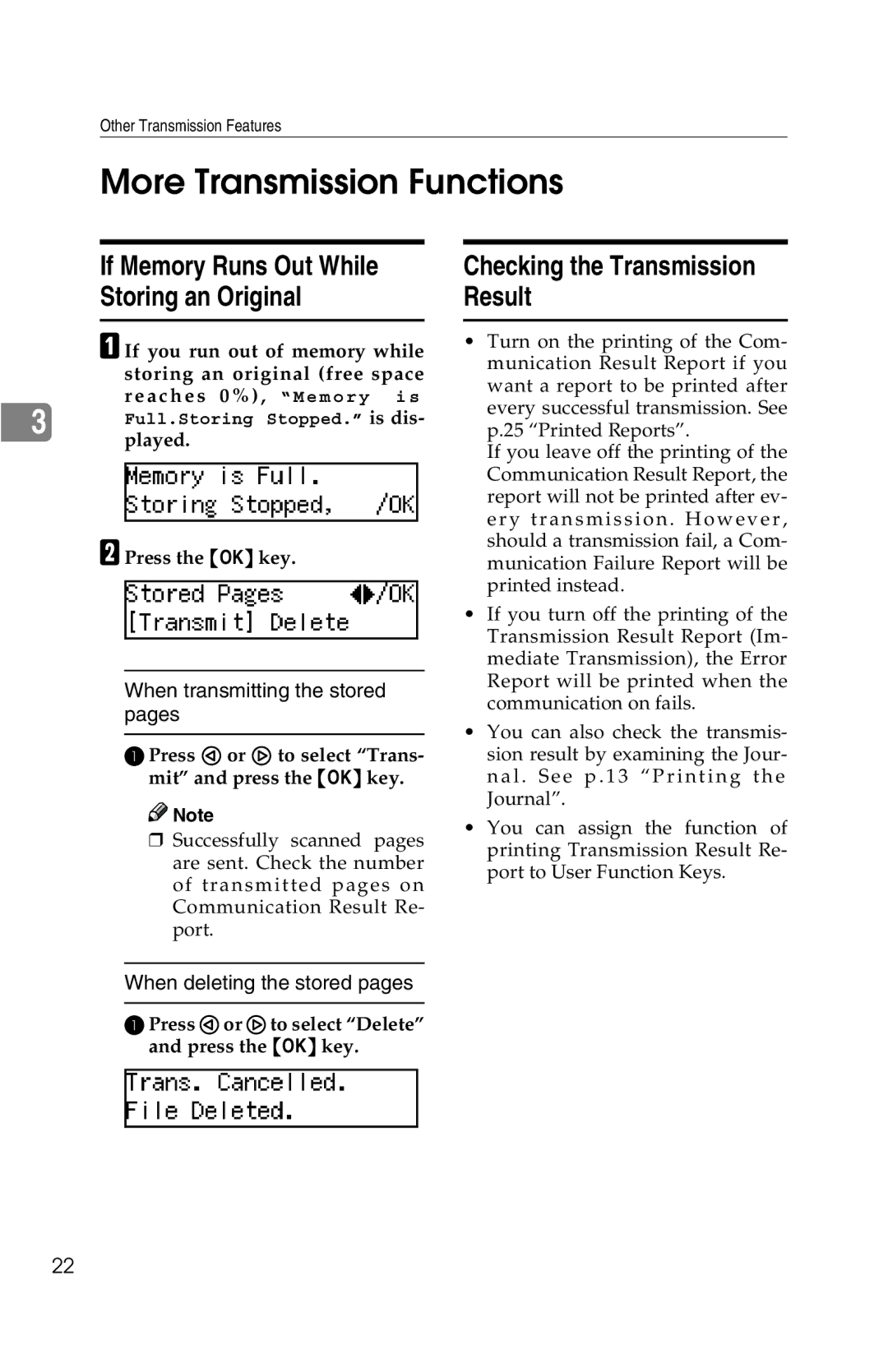 Savin G1619 More Transmission Functions, If Memory Runs Out While Storing an Original, Checking the Transmission Result 