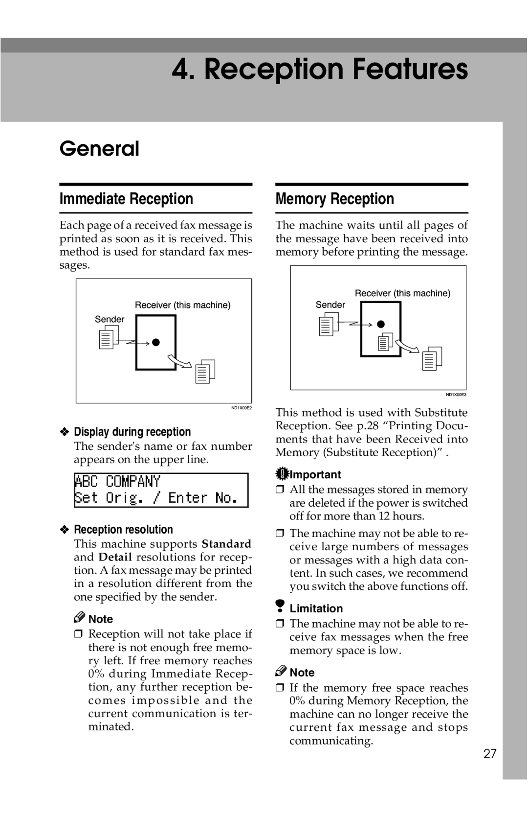 Savin G1619 manual General, Immediate Reception, Memory Reception, Display during reception, Reception resolution 