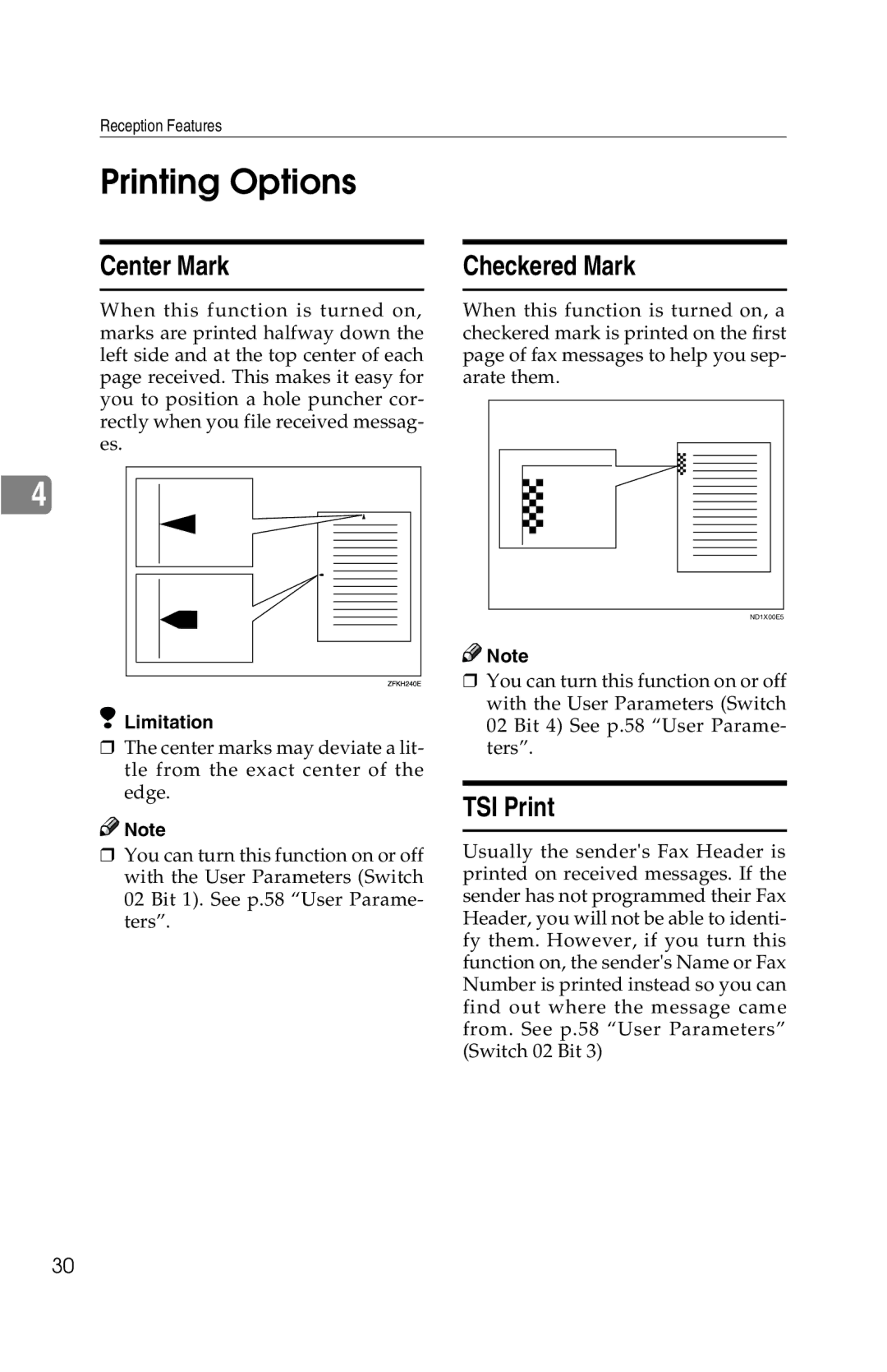 Savin G1619 manual Printing Options, Center Mark Checkered Mark, TSI Print 