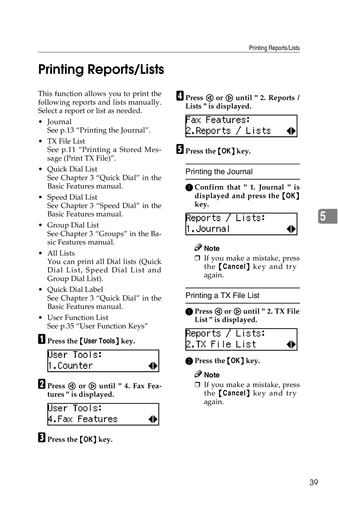 Savin G1619 manual Printing Reports/Lists, Confirm that 1. Journal is displayed and press the OK key 