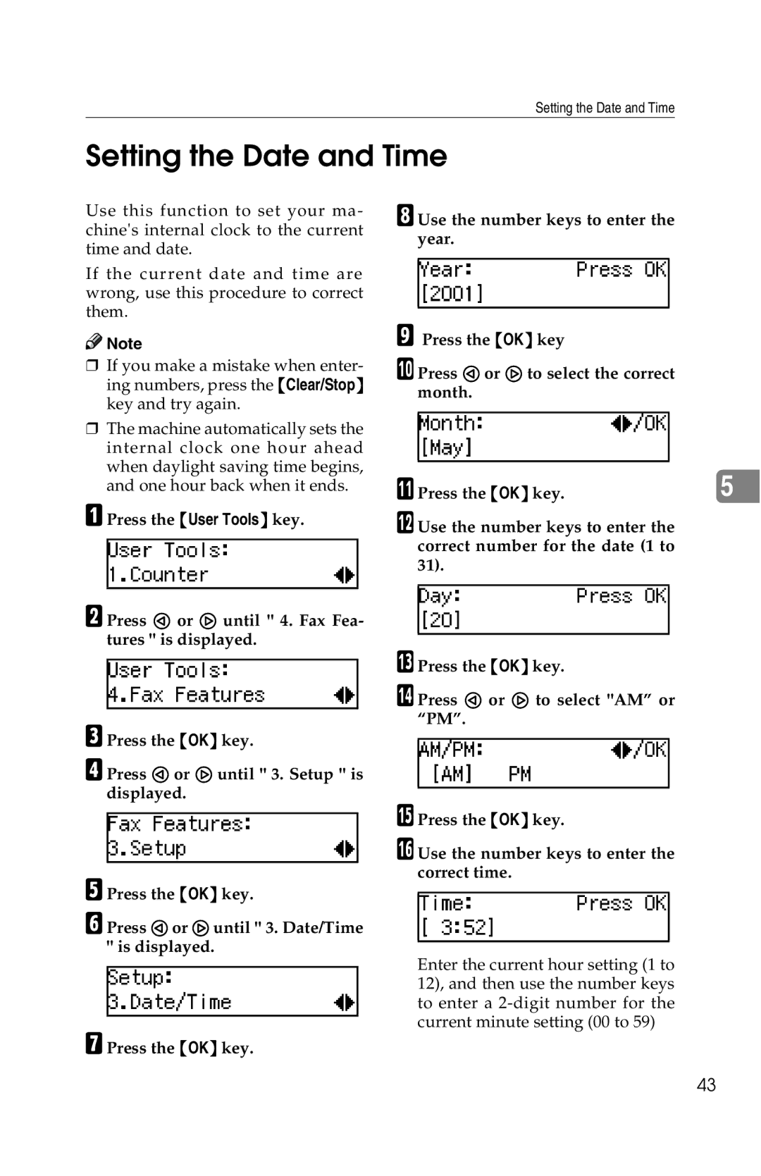 Savin G1619 manual Setting the Date and Time 