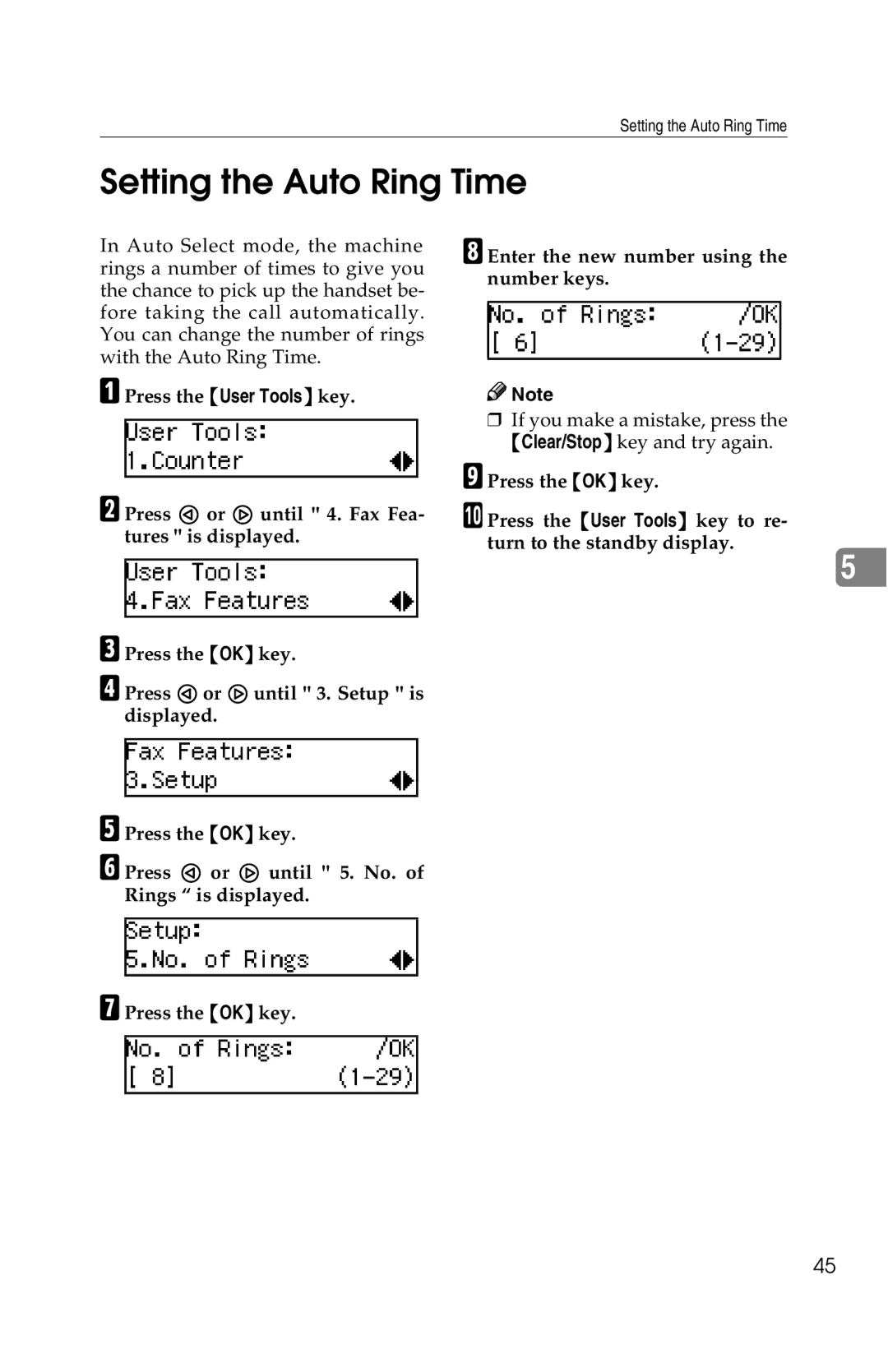 Savin G1619 manual Setting the Auto Ring Time 