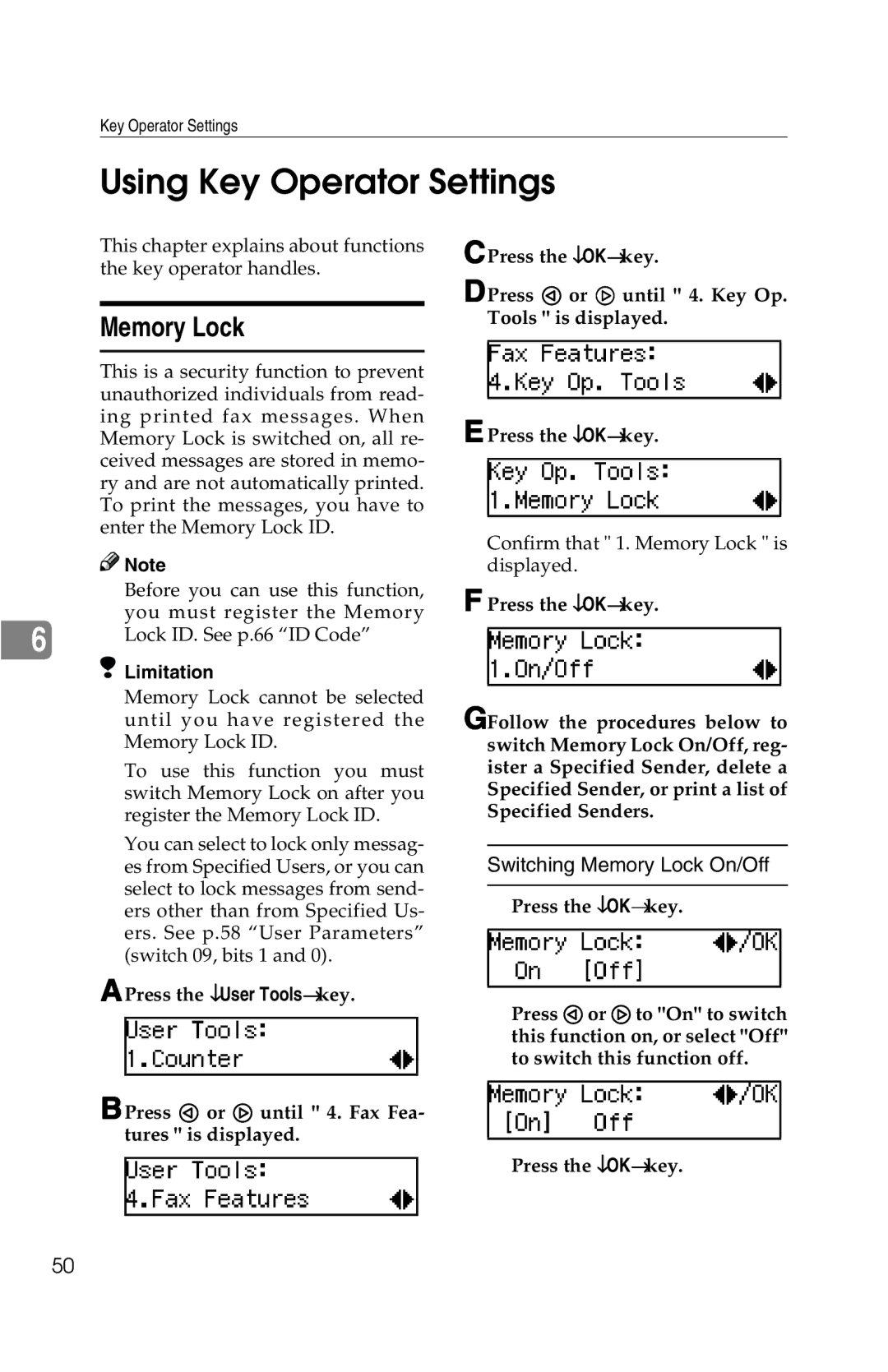 Savin G1619 manual Using Key Operator Settings, Memory Lock 