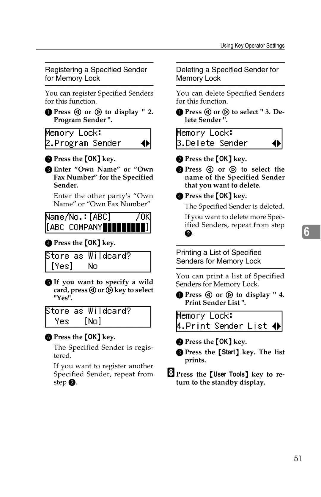 Savin G1619 manual Registering a Specified Sender for Memory Lock 