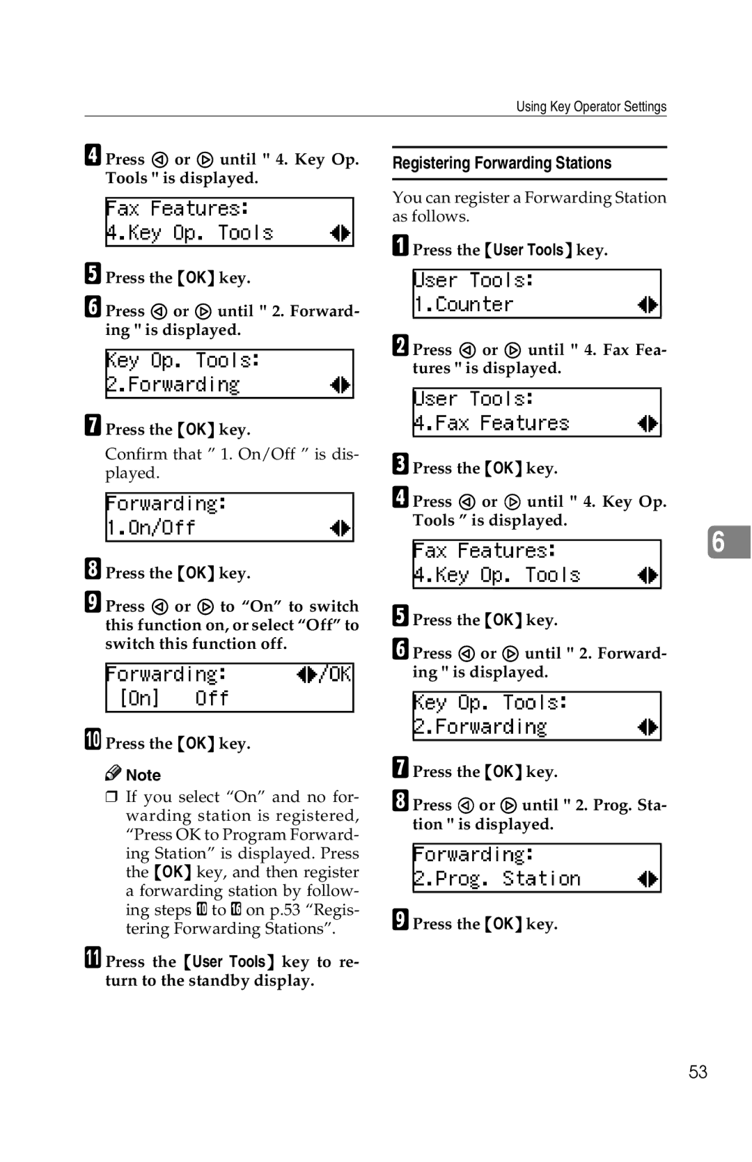 Savin G1619 manual Registering Forwarding Stations 