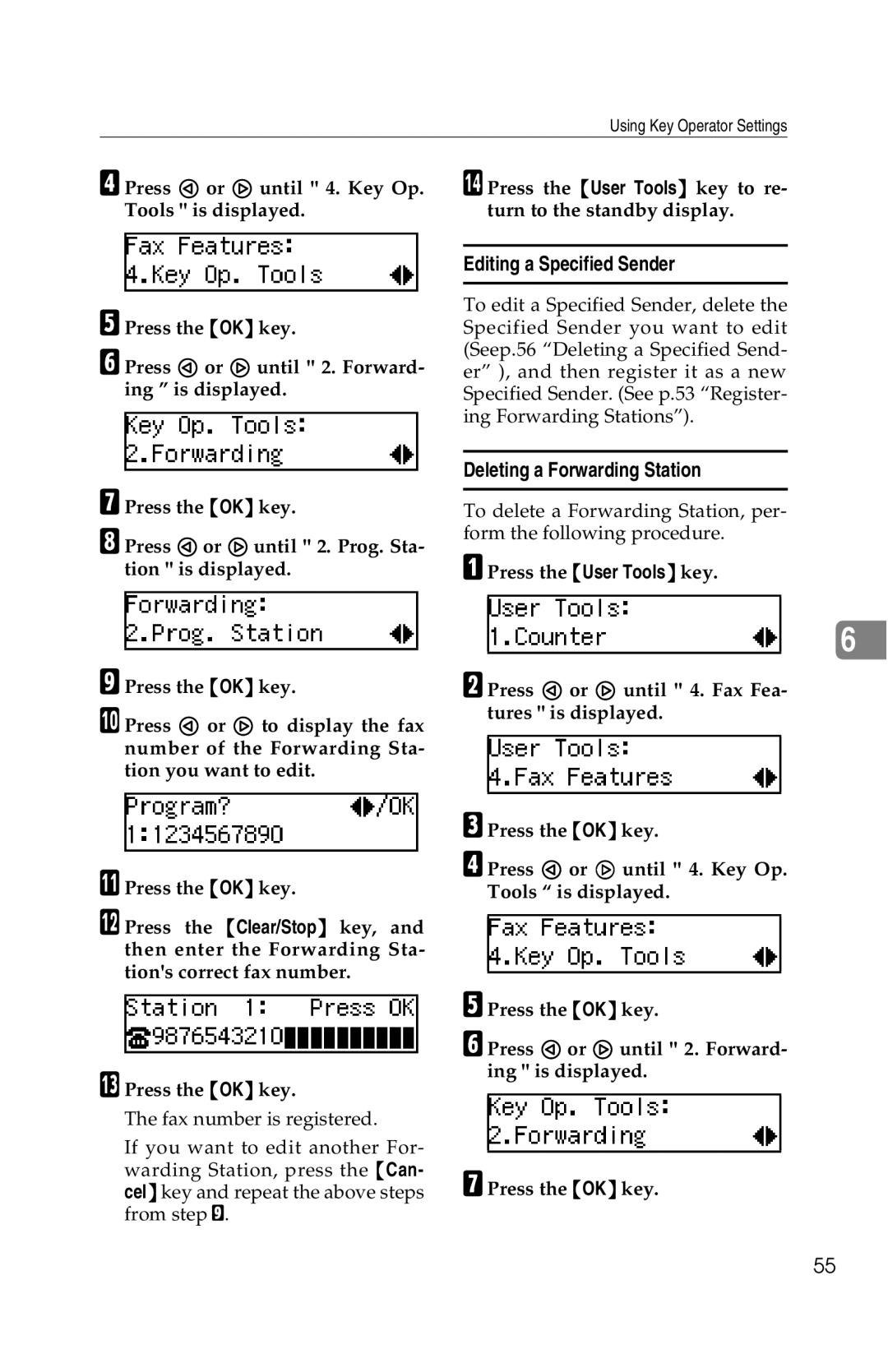 Savin G1619 manual Editing a Specified Sender, Deleting a Forwarding Station 