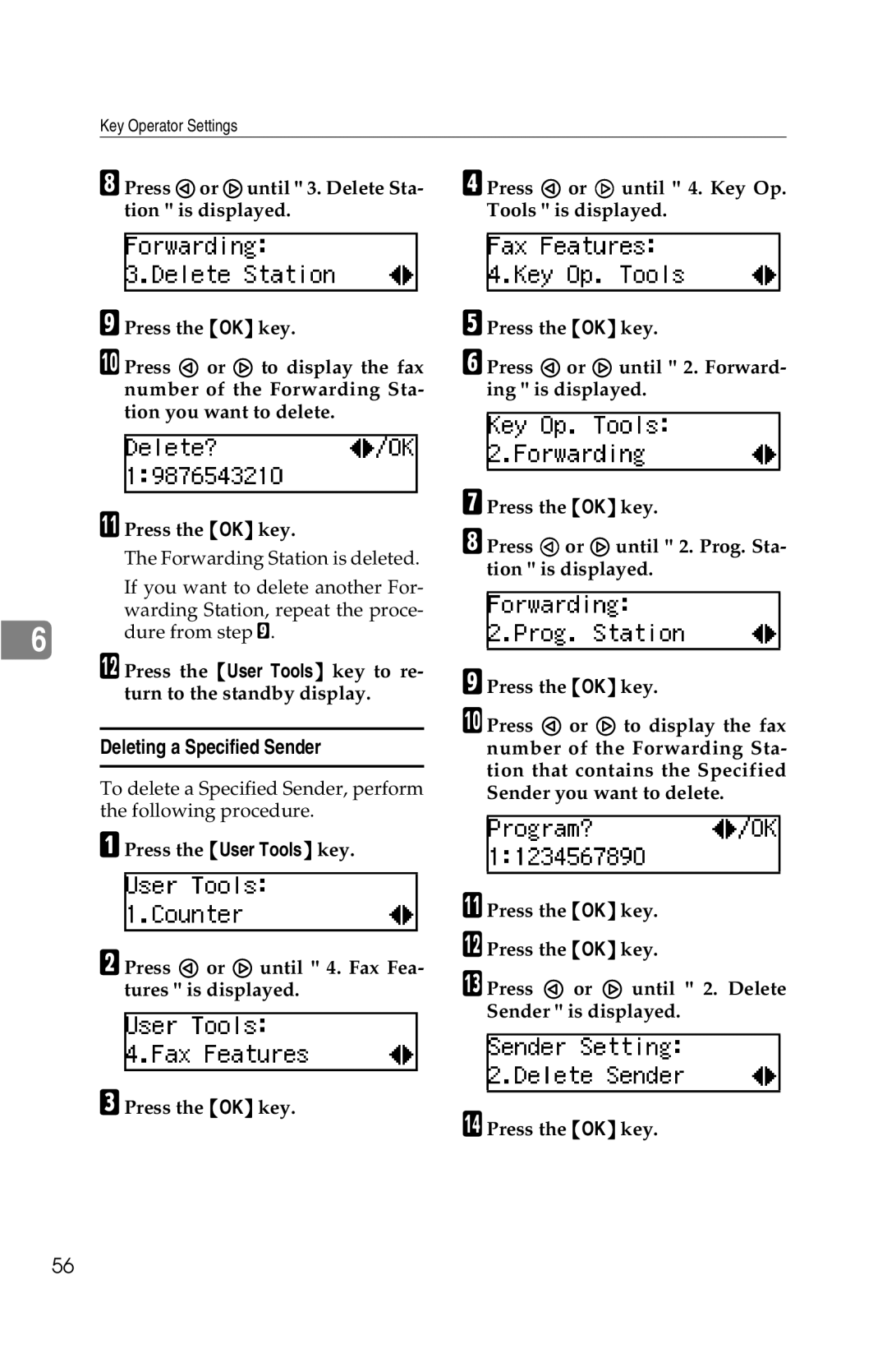 Savin G1619 manual Deleting a Specified Sender 