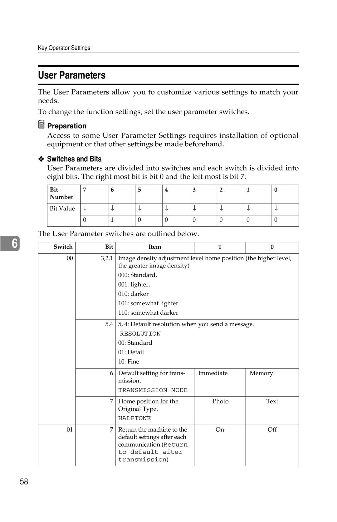 Savin G1619 manual User Parameters, Switches and Bits 