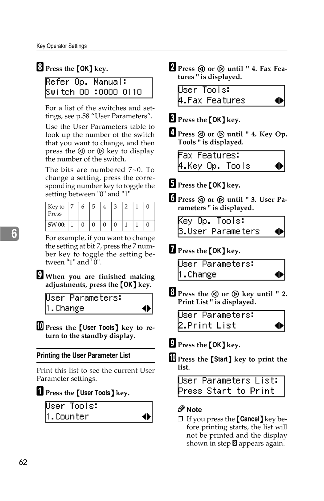 Savin G1619 manual Printing the User Parameter List 