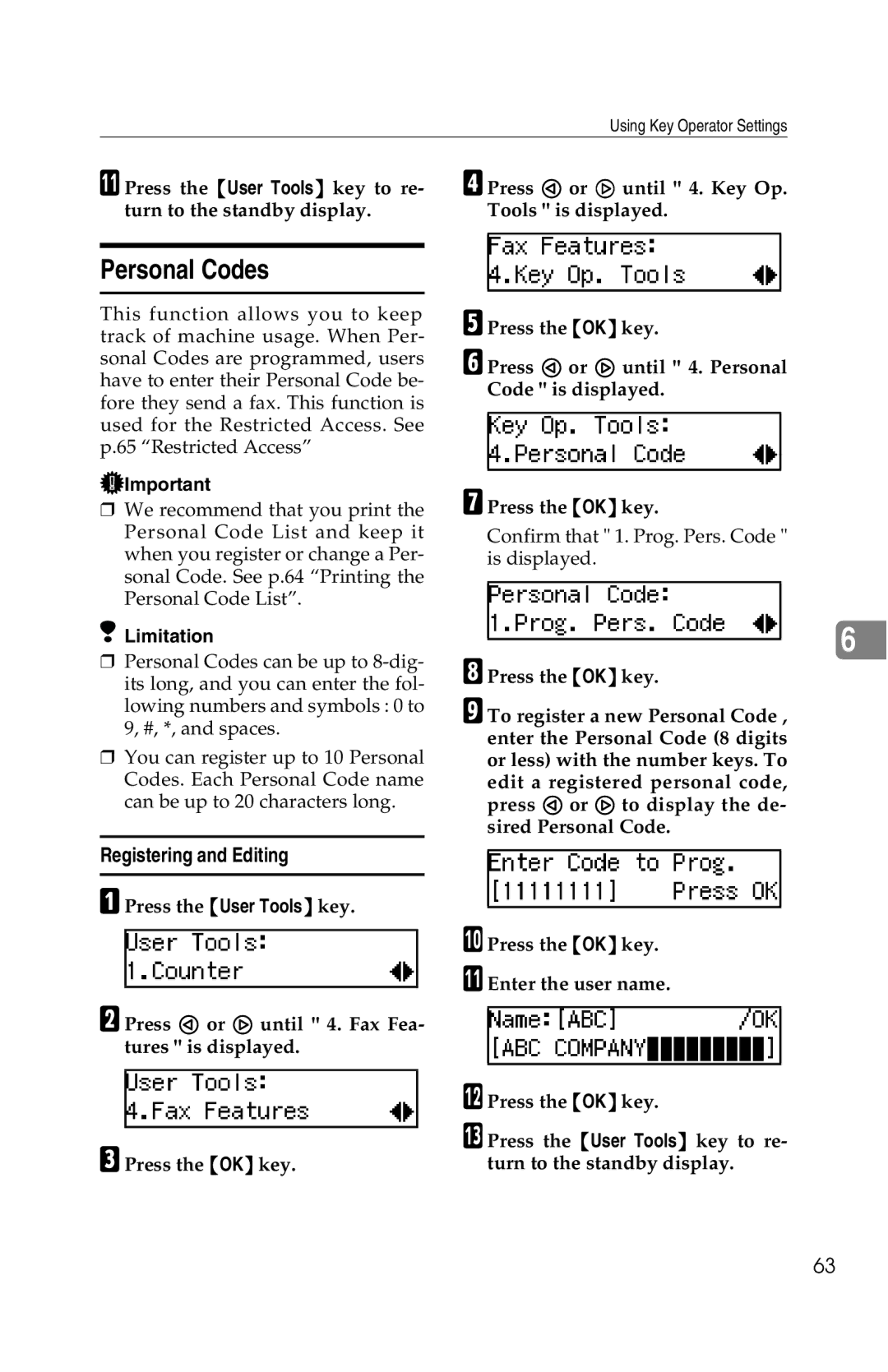 Savin G1619 manual Personal Codes, Registering and Editing 