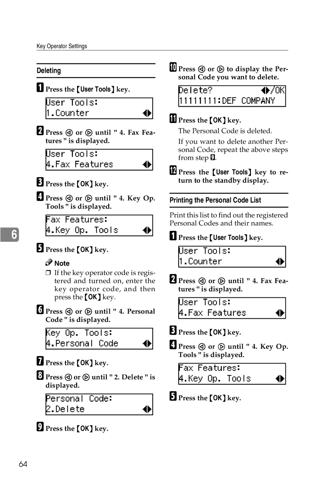 Savin G1619 manual Deleting, Printing the Personal Code List 