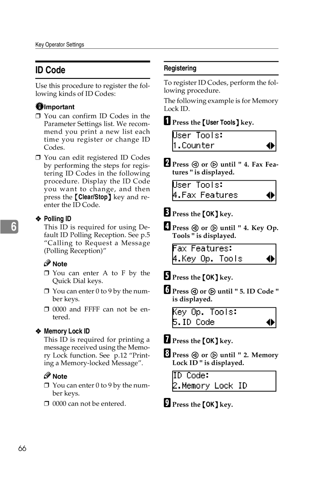 Savin G1619 manual ID Code, Polling ID, Memory Lock ID 