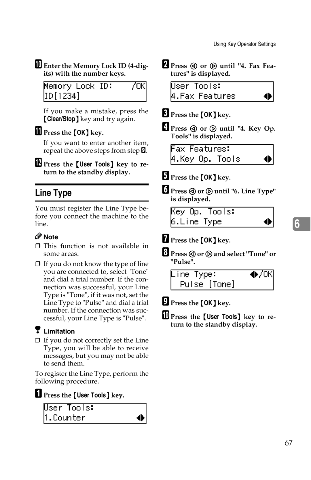 Savin G1619 manual Line Type, Enter the Memory Lock ID 4-dig- its with the number keys 