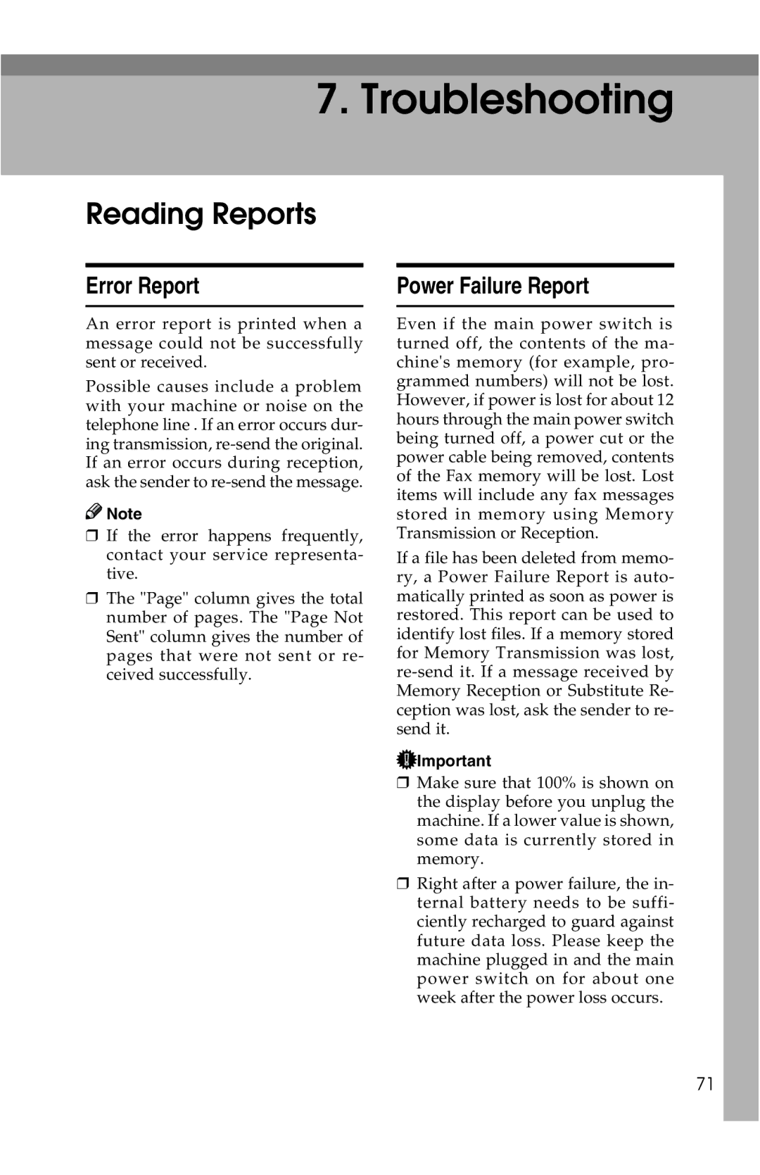 Savin G1619 manual Reading Reports, Error Report, Power Failure Report 