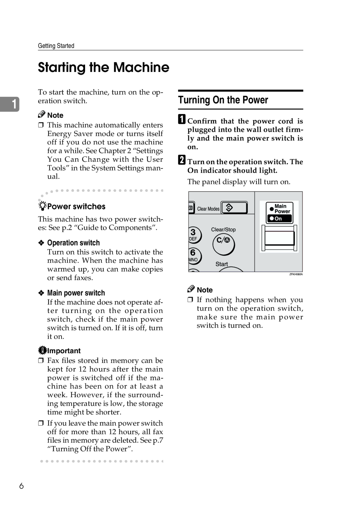 Savin G1619 manual Starting the Machine, Turning On the Power, Operation switch, Main power switch 