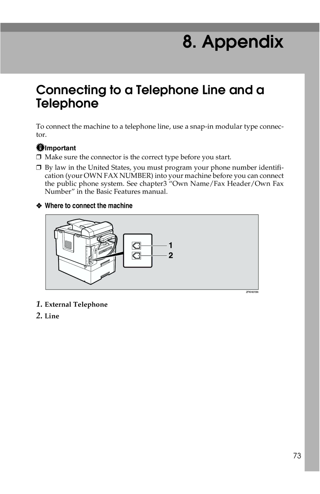 Savin G1619 manual Connecting to a Telephone Line and a Telephone, Where to connect the machine, External Telephone Line 