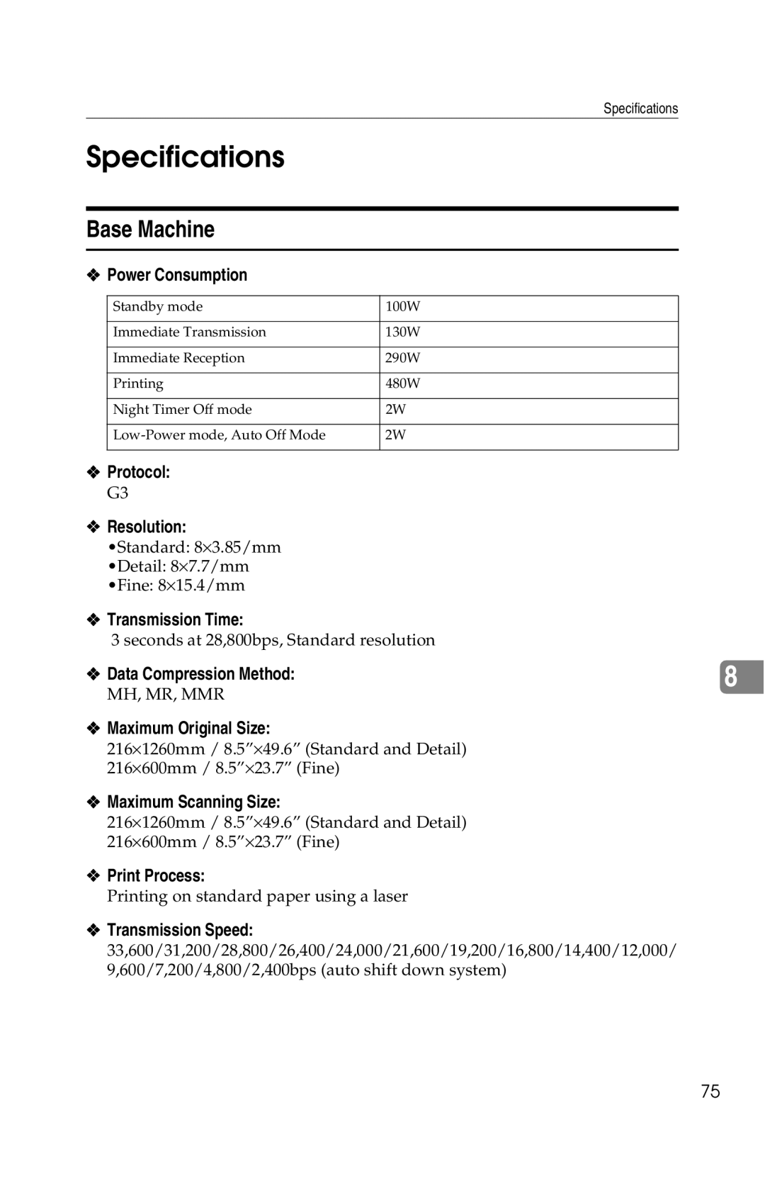 Savin G1619 manual Specifications, Base Machine 