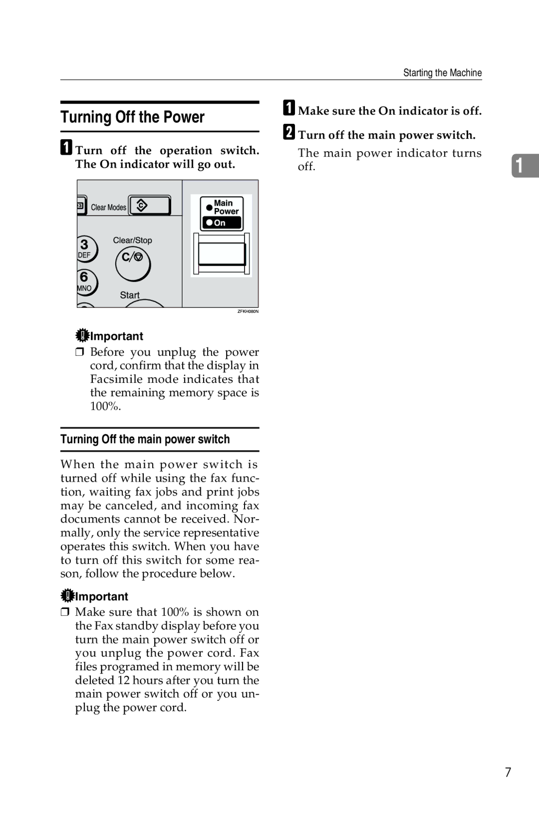 Savin G1619 manual Turning Off the Power, Turn off the operation switch. The On indicator will go out 