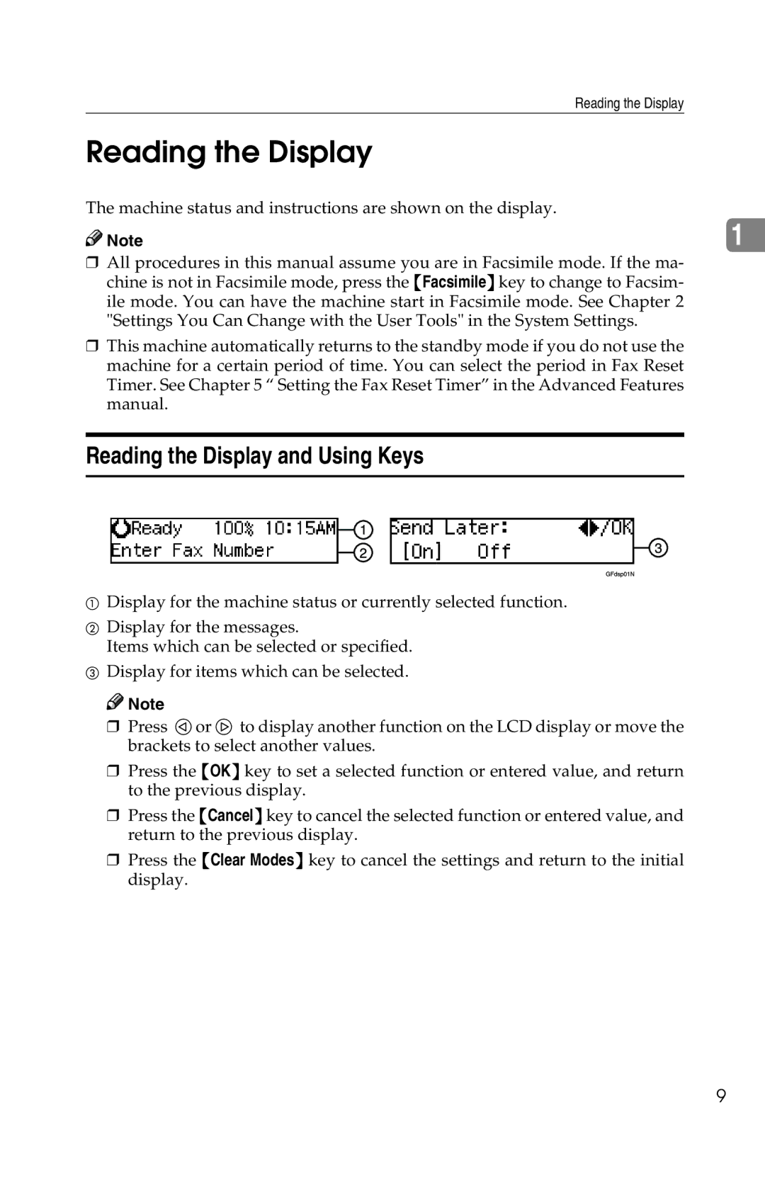 Savin G1619 manual Reading the Display and Using Keys 