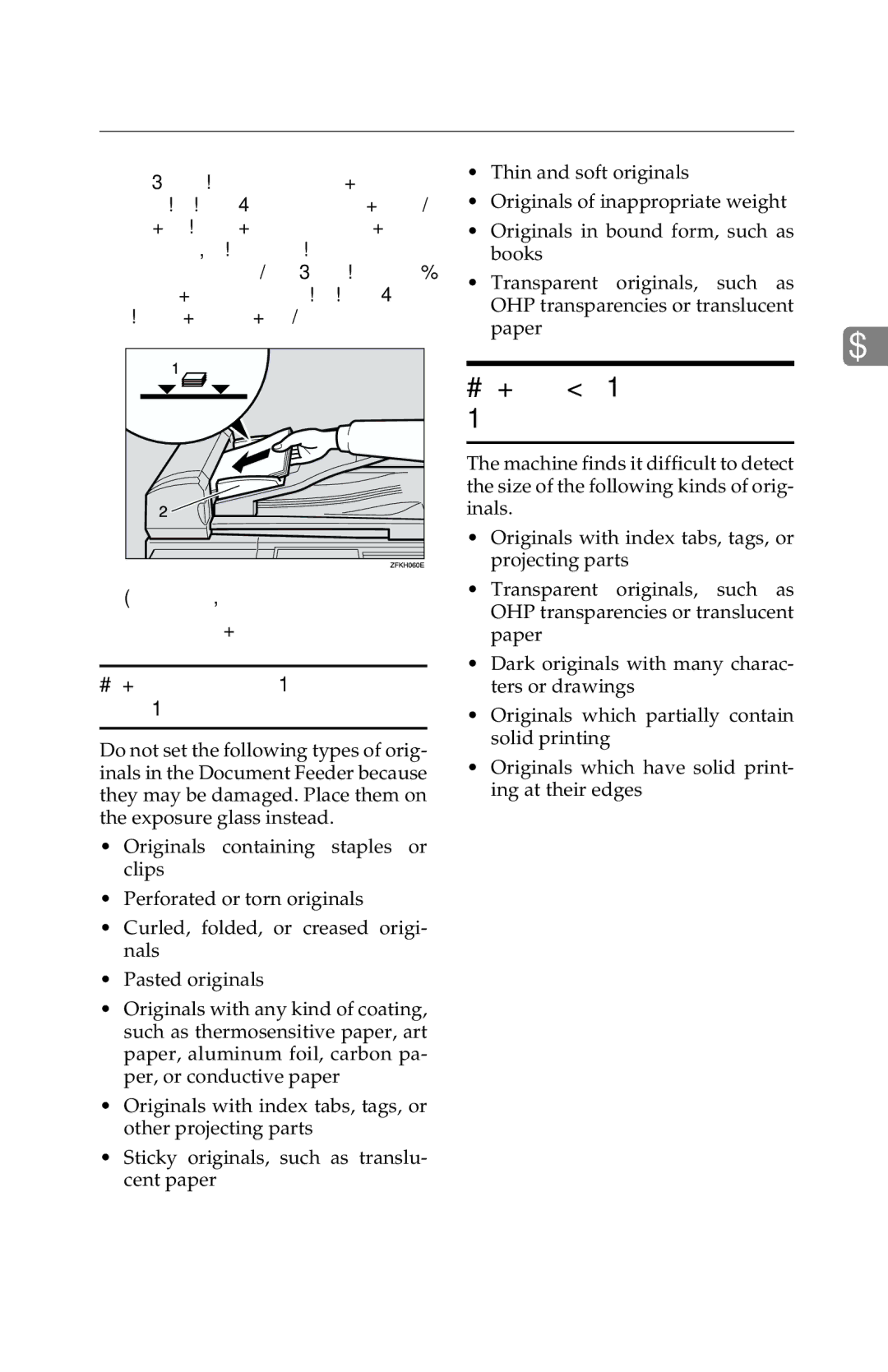 Savin G1619 manual Original Sizes Difficult to Detect, Originals unsuitable for the Document Feeder ADF 