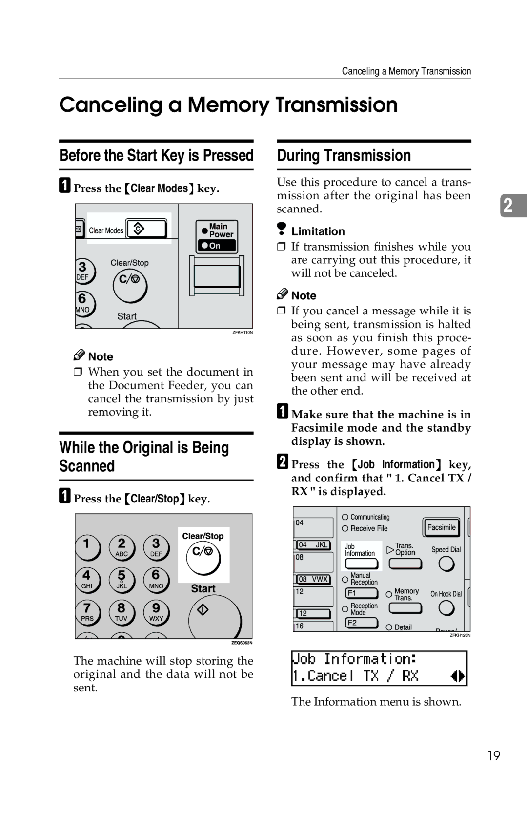 Savin G1619 manual Canceling a Memory Transmission, While the Original is Being Scanned, During Transmission 