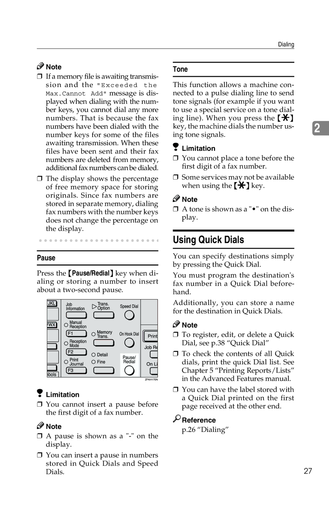 Savin G1619 manual Using Quick Dials, Tone, Pause 