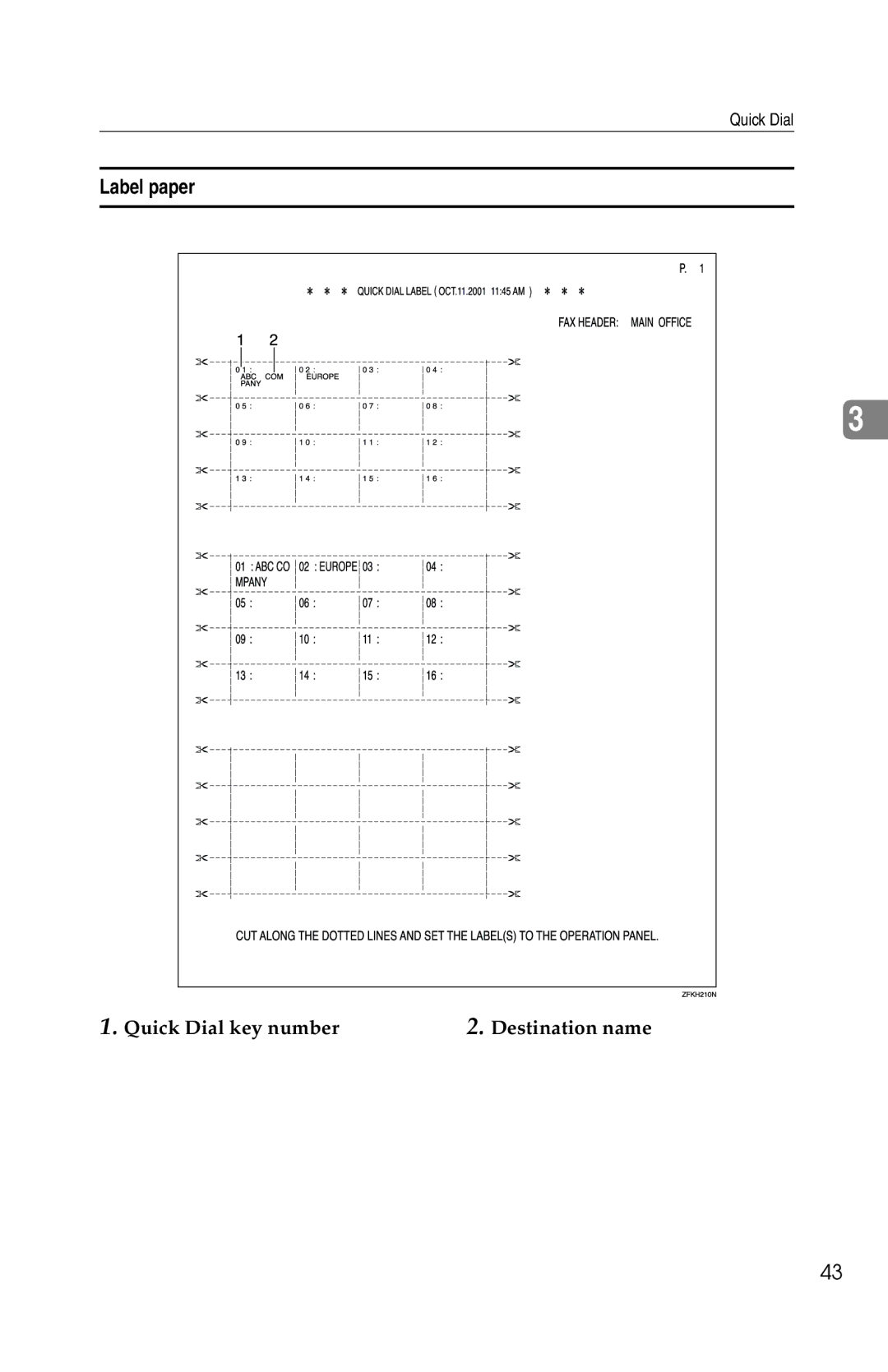 Savin G1619 manual Label paper, Quick Dial key number Destination name 