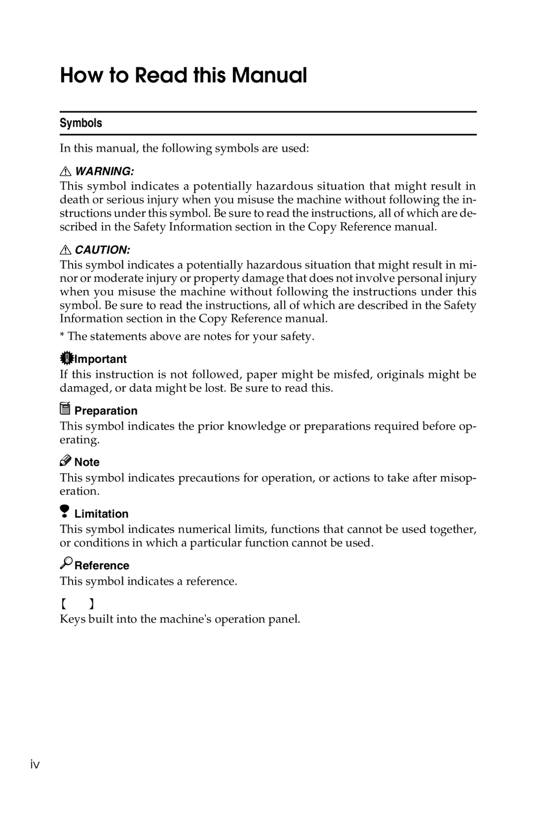 Savin G1619 manual How to Read this Manual, Symbols 