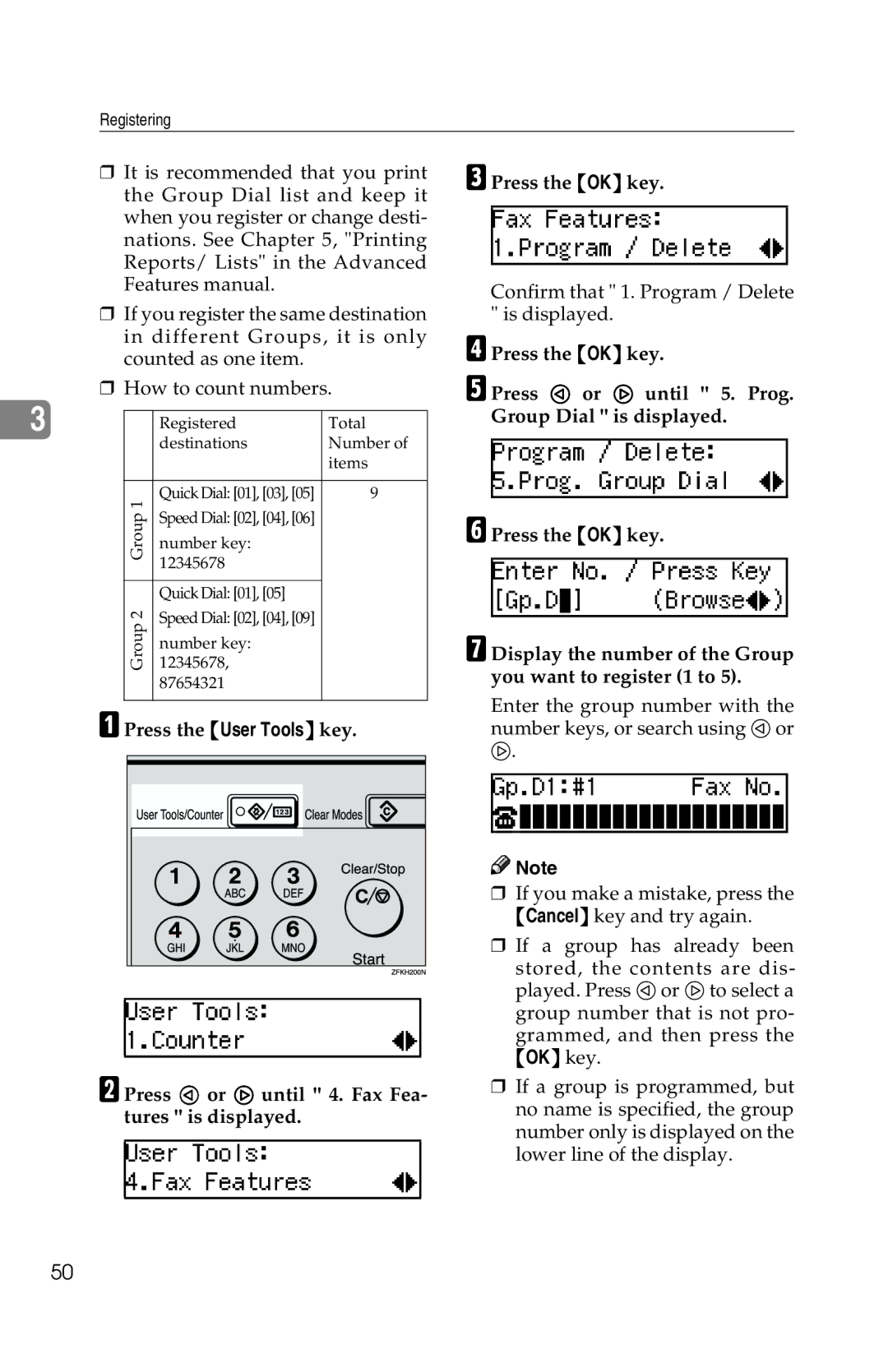 Savin G1619 manual Registered Total Destinations Number Items 