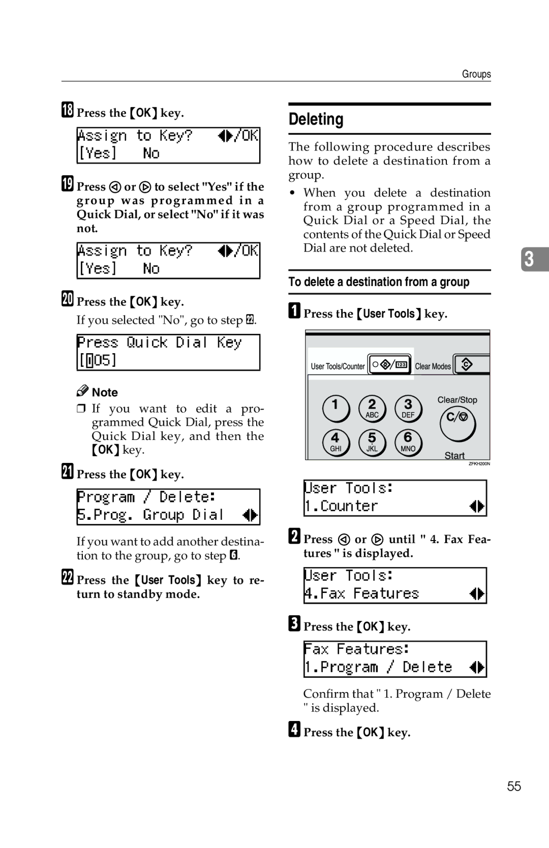 Savin G1619 manual Deleting, To delete a destination from a group 