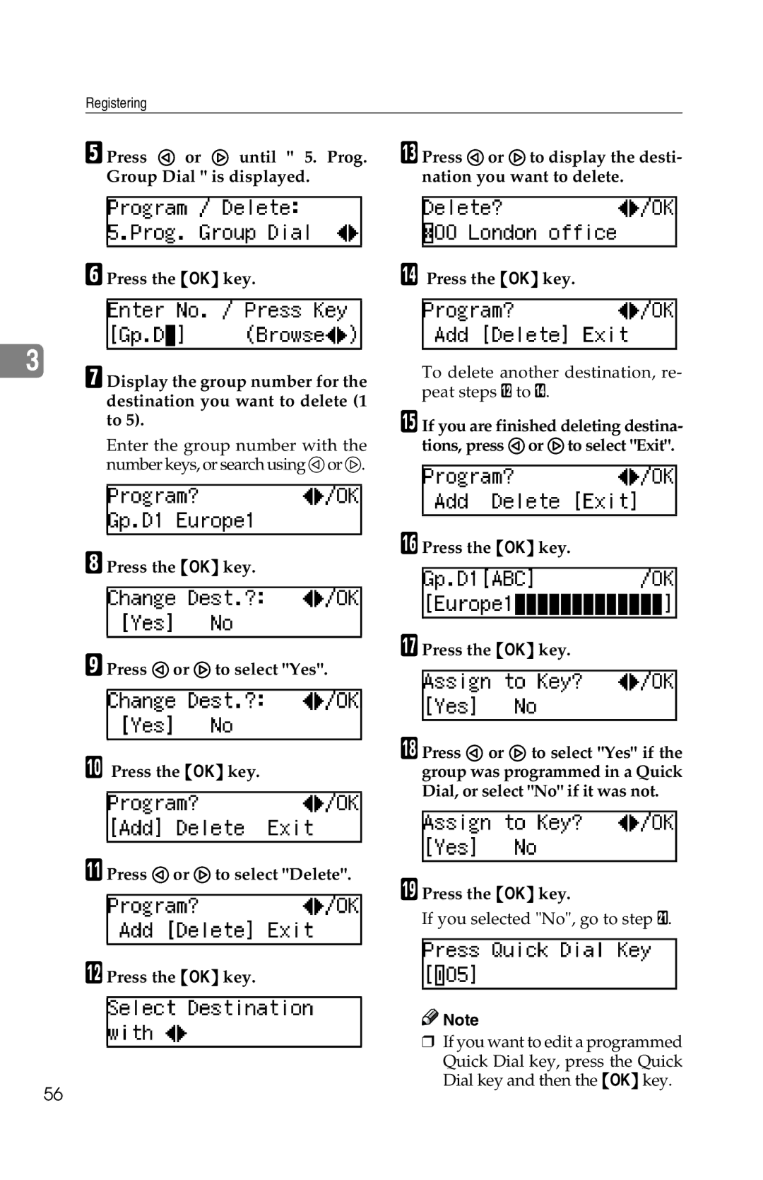 Savin G1619 manual To delete another destination, re- peat steps L to N 