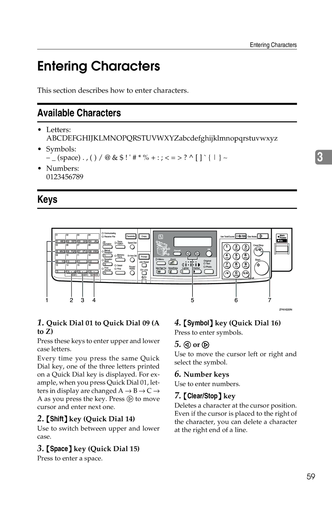 Savin G1619 manual Entering Characters, Available Characters, Keys 