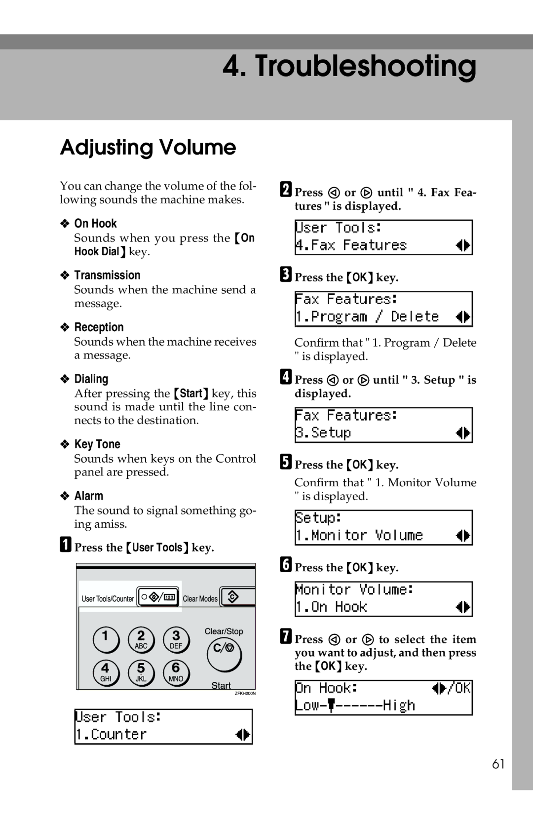 Savin G1619 manual Adjusting Volume 