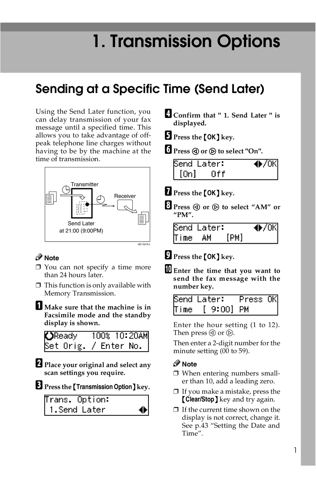 Savin G1619 manual Sending at a Specific Time Send Later, Press the Transmission Optionkey 