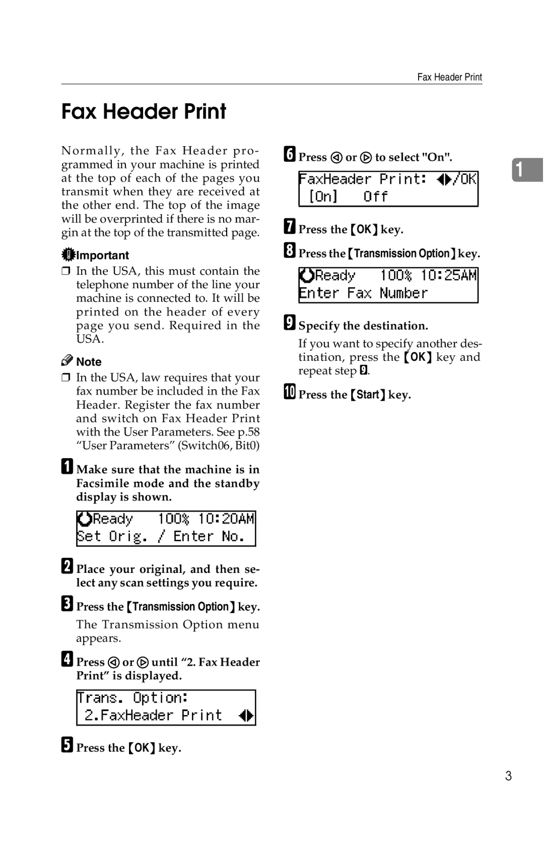 Savin G1619 manual Fax Header Print, Press the Start key Press the OK key 