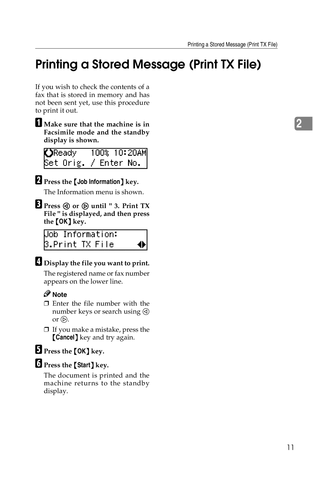 Savin G1619 manual Printing a Stored Message Print TX File, Press the OK key Press the Start key 