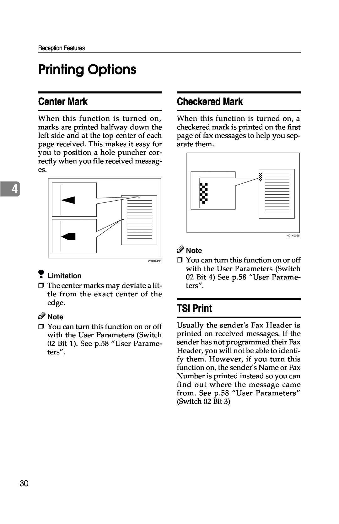 Savin G1619 manual Printing Options, Center Mark, Checkered Mark, TSI Print 