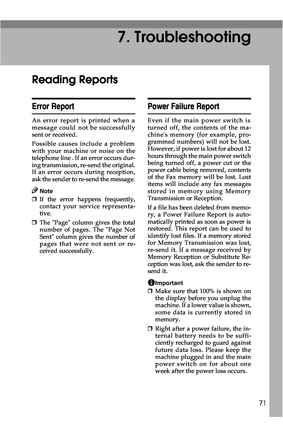 Savin G1619 manual Troubleshooting, Reading Reports, Error Report, Power Failure Report 