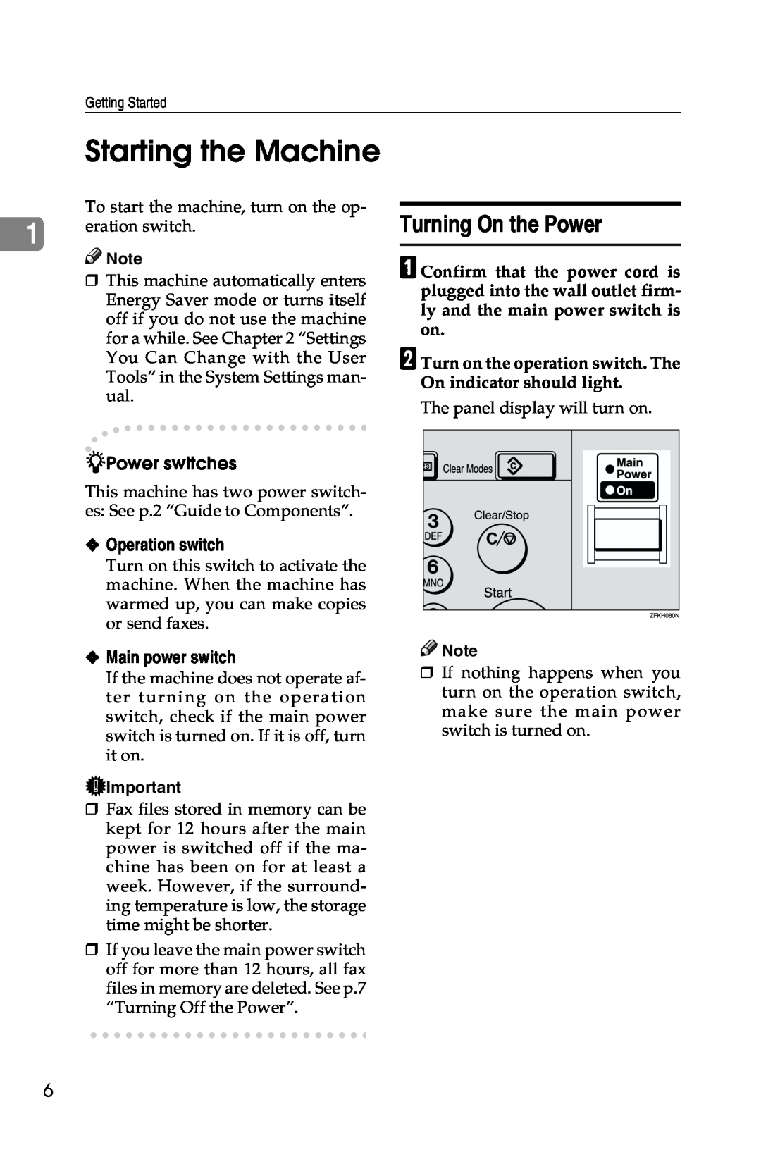 Savin G1619 manual Starting the Machine, Turning On the Power, Operation switch, Main power switch 