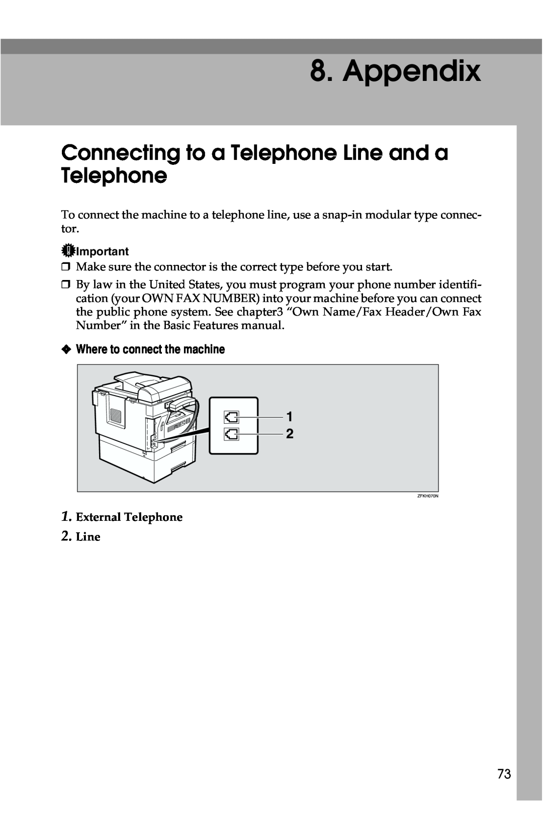 Savin G1619 manual Appendix, Connecting to a Telephone Line and a Telephone, Where to connect the machine 