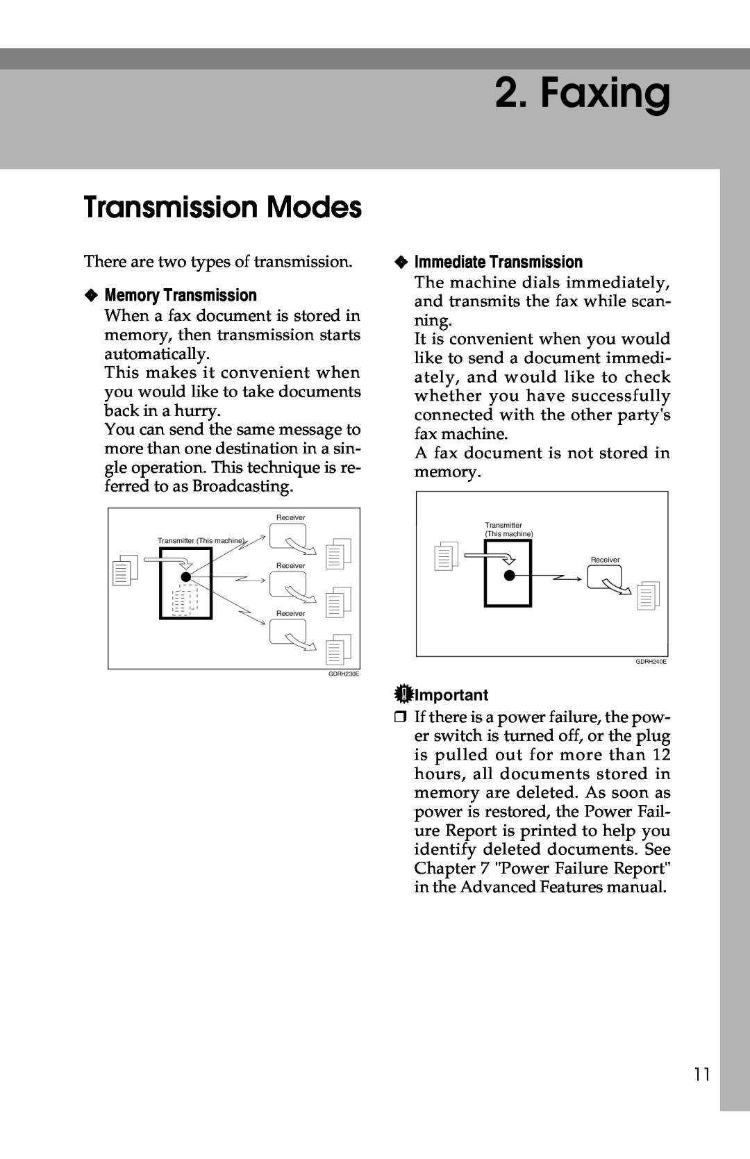 Savin G1619 manual Faxing, Transmission Modes, Memory Transmission, Immediate Transmission 